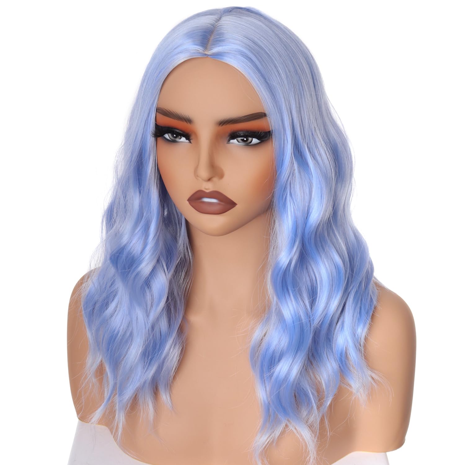 PORSMEER Short Wavy Curly Light Blue Bob Wig Middle Part for Women Girls Beach Wave Wigs for Daily Cosplay Costume Party,Carolina blue - Image 4