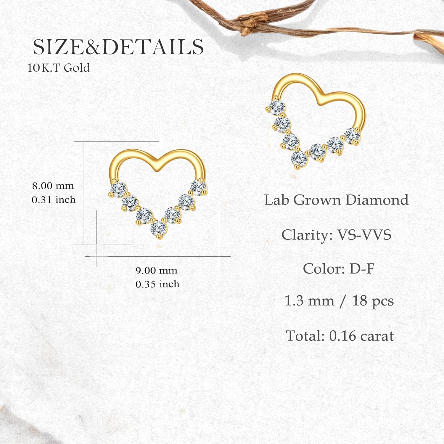 10k Gold 0.15 ct Lab Grown Diamond Heart Stud Earrings for Women, Love Jewelry Gifts for Her - Image 3