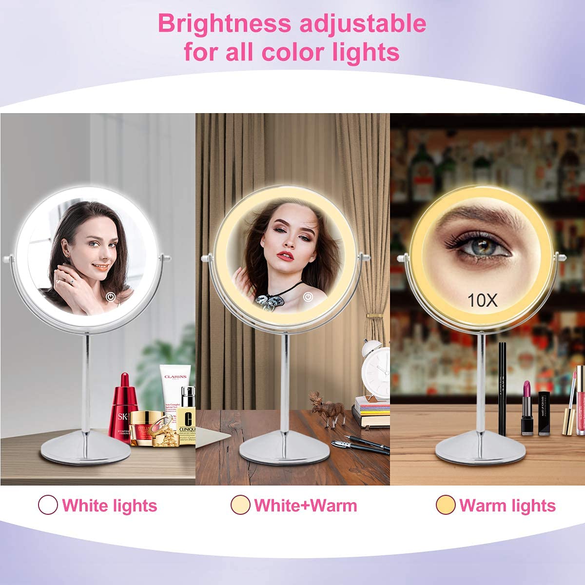 8 Inch Rechargeable Lighted Makeup Mirror, Double Sided Makeup Vanity Mirror with 3 Colors Lighting, 10X Magnifying Mirror, Touch Sensor Dimming, Tabletop Round Cosmetic Light Up Mirror (Chrome) : Beauty & Personal Care