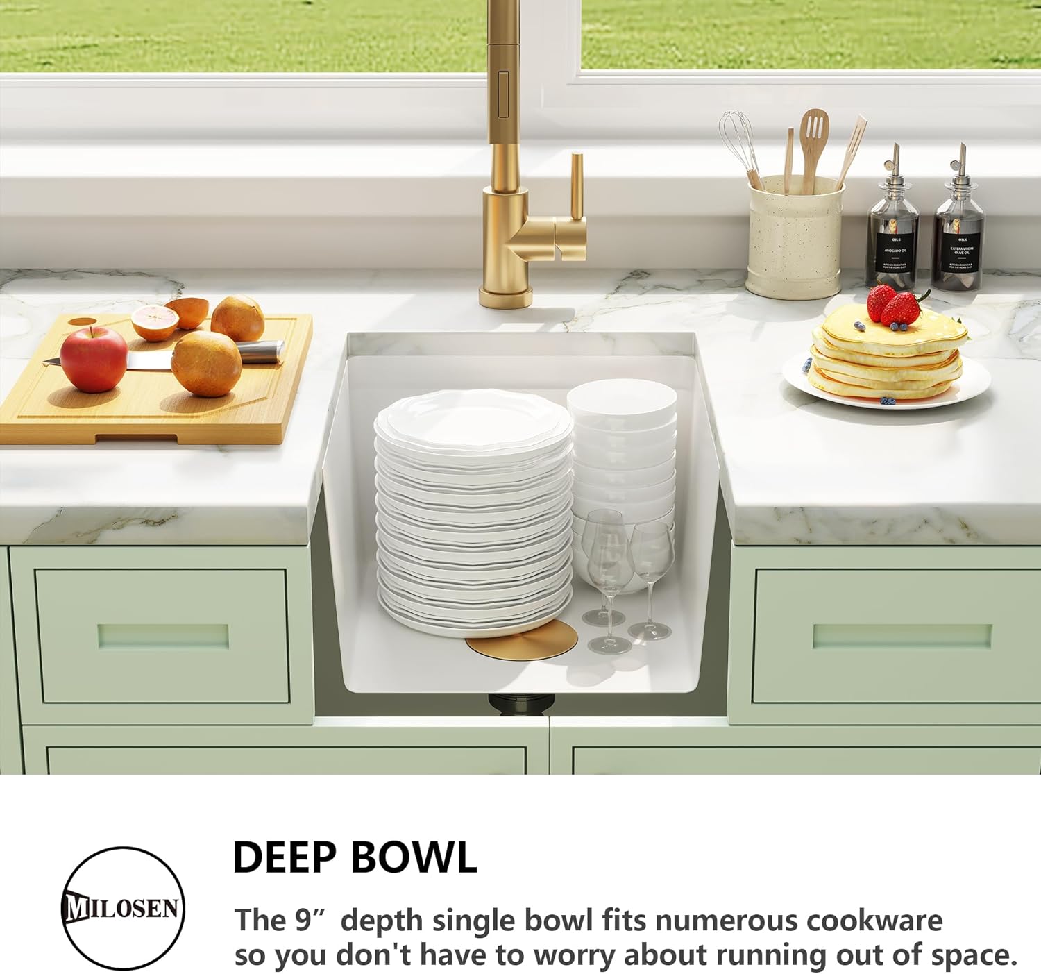 MILOSEN Undermount Bar Sink, 18 ×18 Inch Small White Granite Composite Wet Bar or Prep Sink, 9 Inch Deep Outdoor Single Bowl Workstation Basin with Accessories, Quartz Sinks