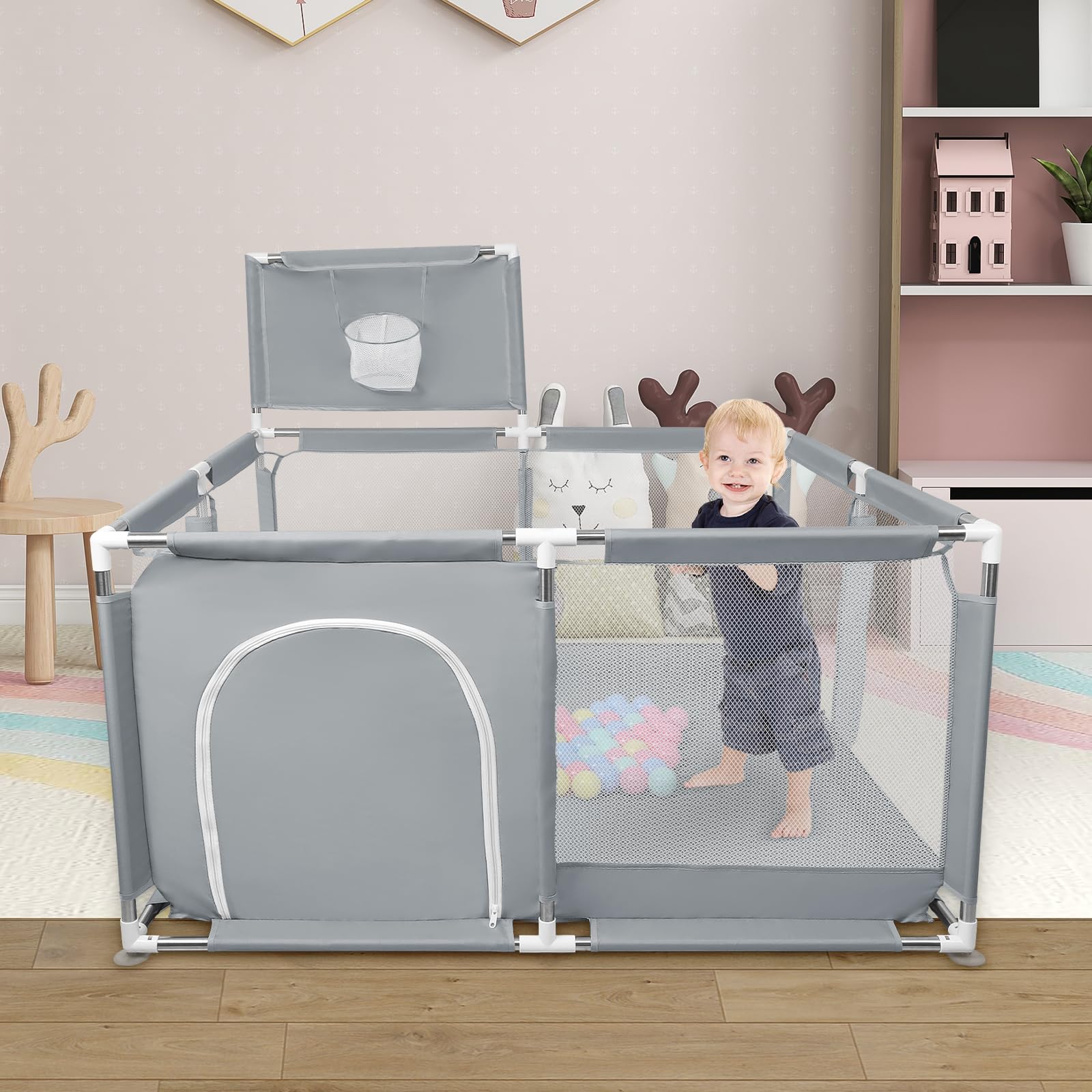 Box pieghevole per bambini, con 50 palline + 4 piastre di aspirazione, griglia con rete traspirante, per interni ed esterni, con porta con cerniera, da 0 a 48 mesi, 126 x 126 x 66 cm
