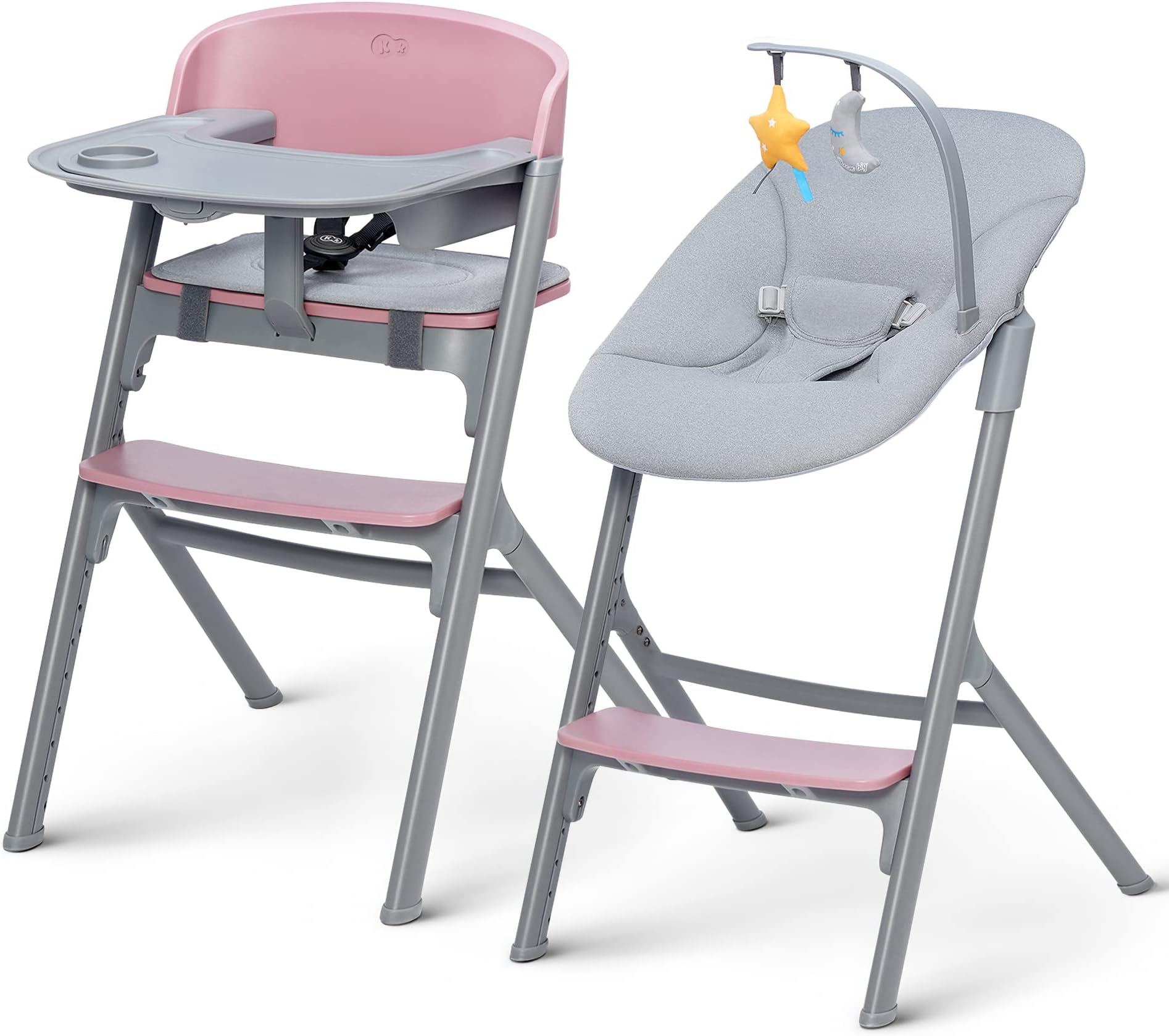 Kinderkraft Livy + CALMEE, 4-in-1 High Chair, from Birth to 110 kg, Adjustable, Ergonomic backrest, Minimalist Dutch Design,Baby Bouncer, Tray and Tray Insert Included, Pink