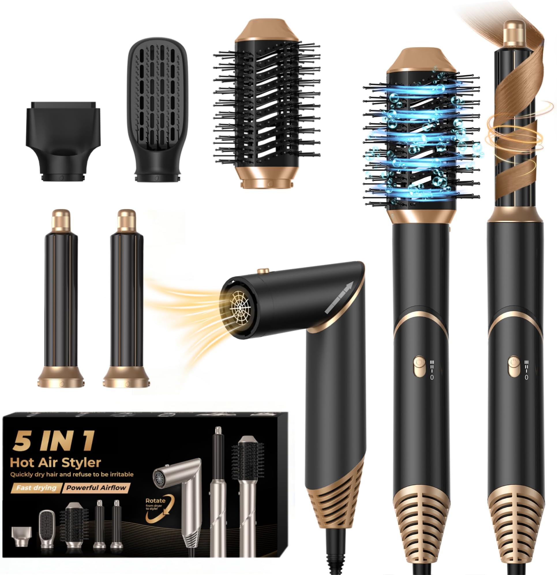 – UKLISS 5 in 1 Hair Dryer Brush Air Styler with Air Curlers Auto Curling Wands Multi-use Blow Dryer 5 in 1 Airbrush Magic Styler Hair Styler Airstyler Hair Curler Straightening Brush Women Gifts, Black