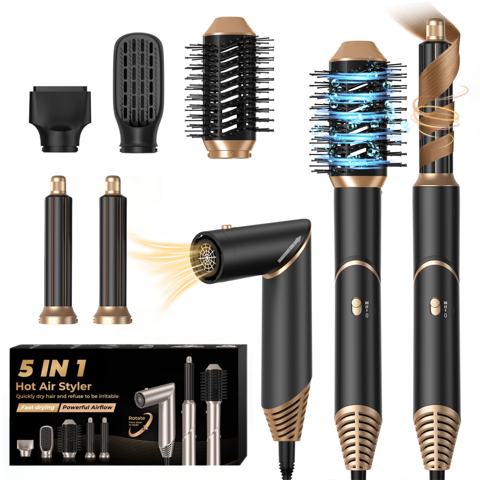 UKLISS 5 in 1 Hair Dryer Brush Air Styler with Air Curlers Auto Curling Wands Multi-use Blow Dryer 5 in 1 Airbrush Magic Styler Hair Styler Airstyler Hair Curler Straightening Brush Women Gifts, Black