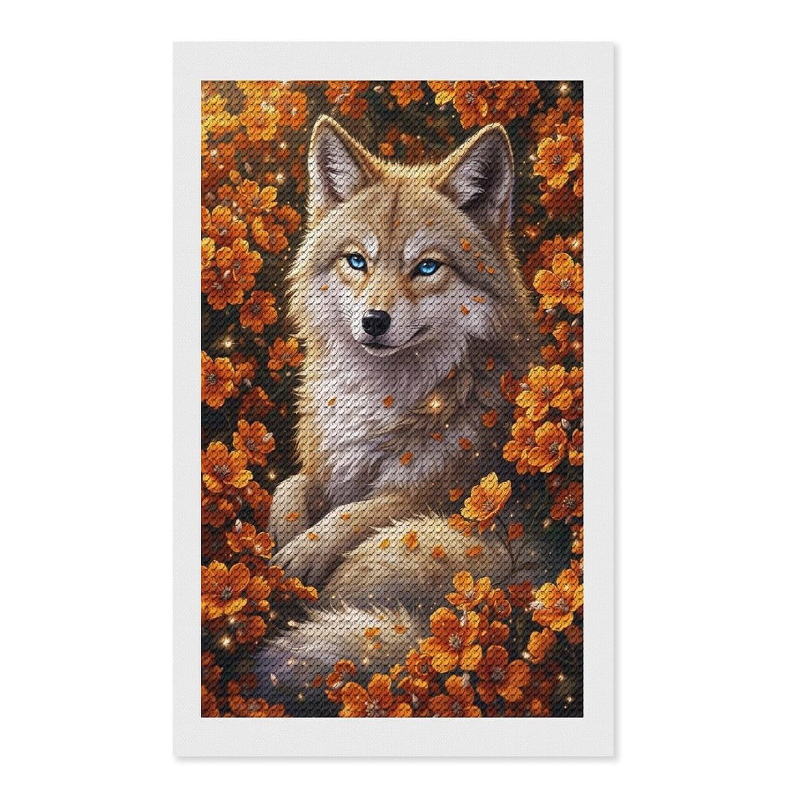 Junmoney Wolf Among Marigold Blooms Diamond Art Kit 12"x20", Vintage Style Decor, Stress Relief Craft, Decor Project, Relaxing DIY, Creative Hobby