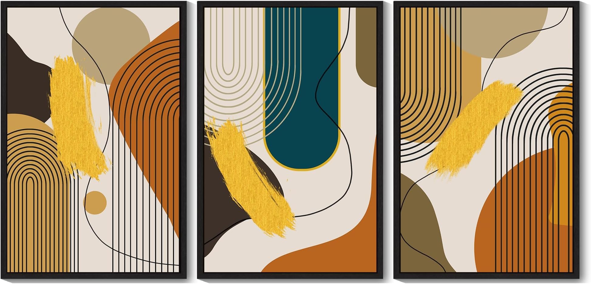 PHOPAGO 24x36in Large Boho Abstract Framed Wall Art Modern Minimalist Luxury Gold Line Artwork Kitchen Dining Room Decor Black Framed