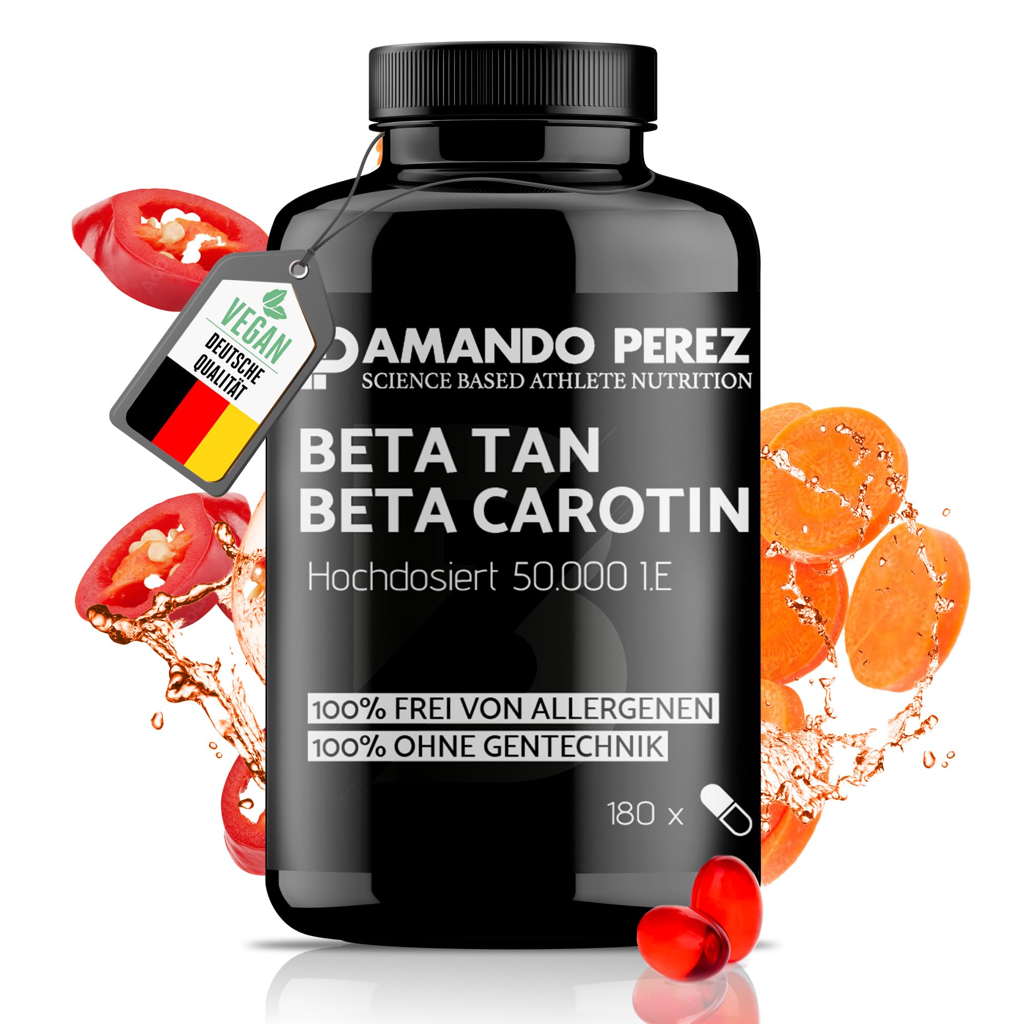 Amando Perez Beta Tan+ Bräunungskapseln Hochdosiert 50.000 I.E. – 180 Softgels – Natürliches Beta Carotin aus Dunaliella salina – Provitamin A – Vegan – Vorrat für 720 Tage
