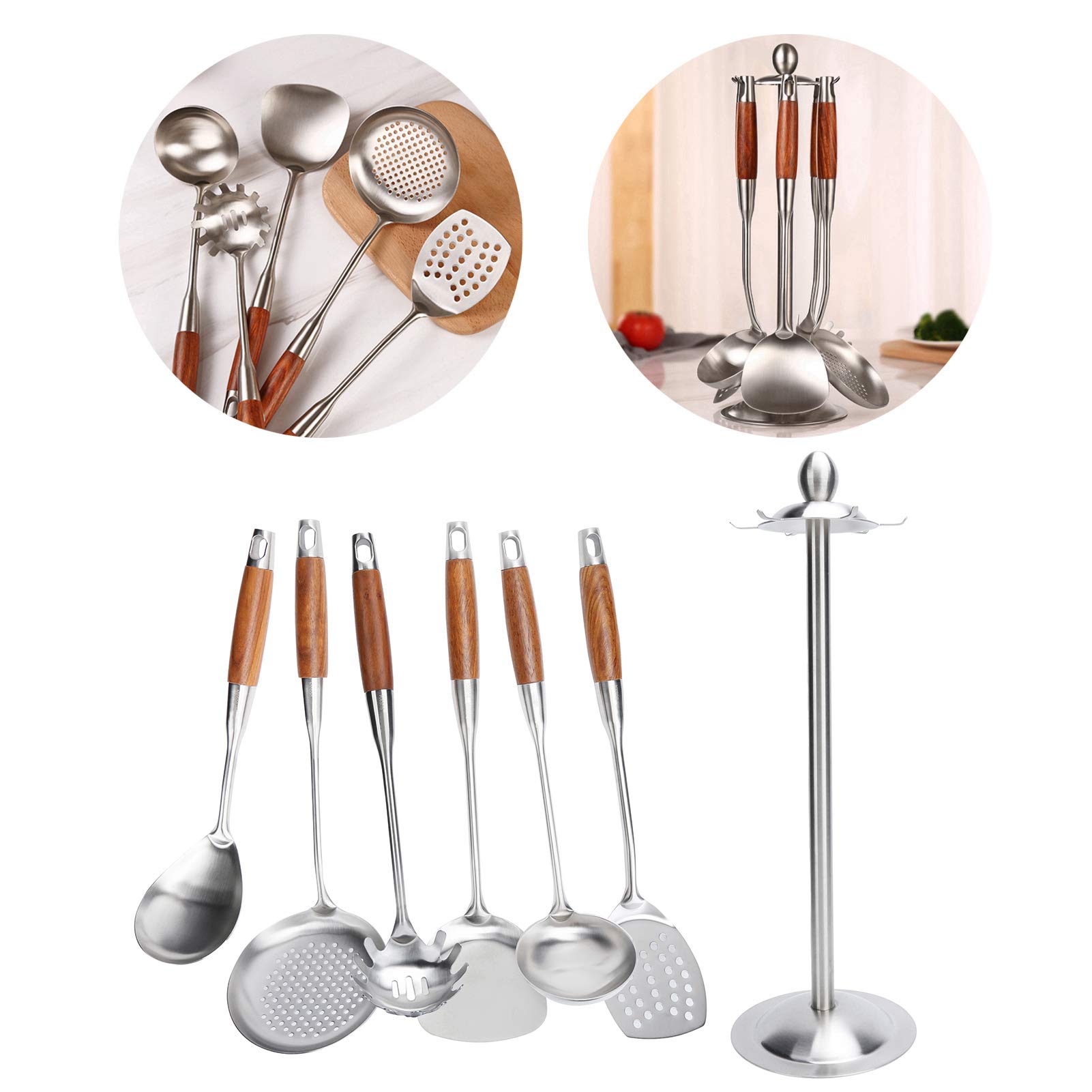 Juego de Espátula de Cocina con de Madera, Utensilios de Cocina Duraderos de Acero Inoxidable 304 para Chefs Caseros, 6 Unidades, Diseño que Ahorra Espacio