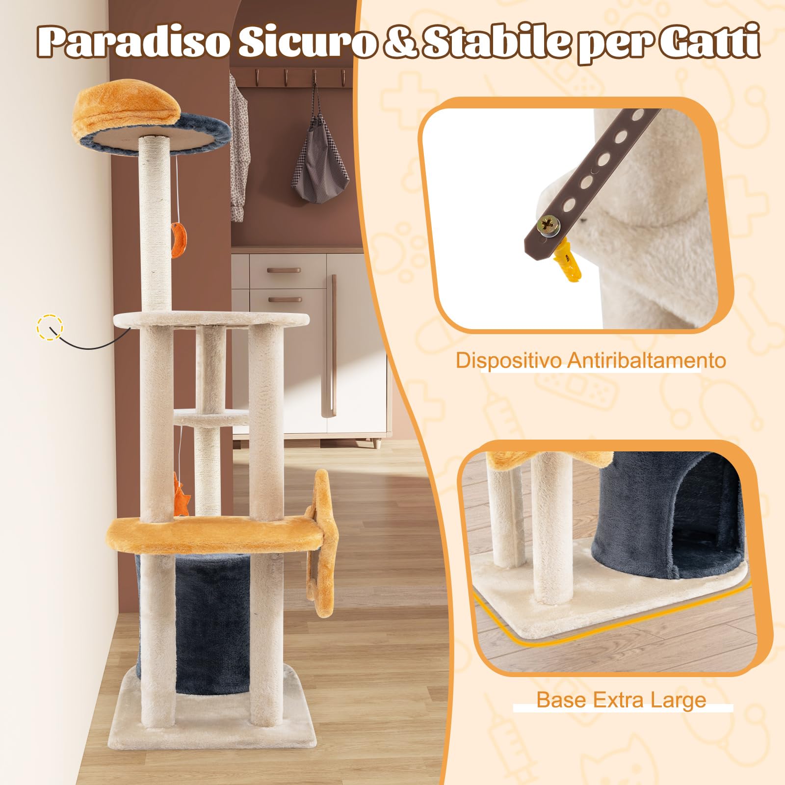 GYMAX Albero per Gatti, Torre Multilivello con Tiragraffi, Pannelli Tiragraffi a Forma di Stella e Luna, Torre per Arrampicata in Morbido Peluche con Piattaforma Superiore, Condominio per Gatti