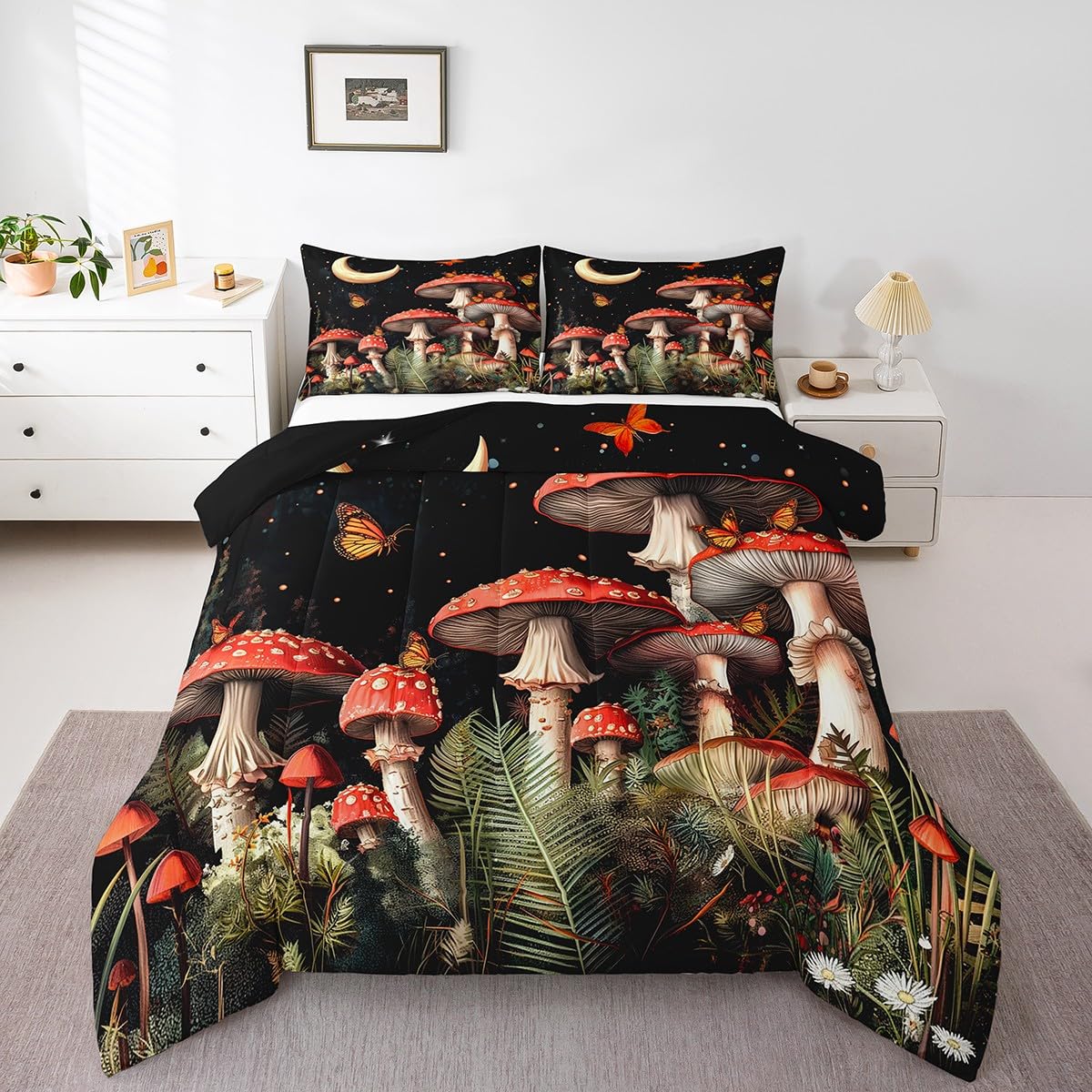Erosebridal Mushroom Bedding Set Full Size Red Mushroom Comforter Set for Girls Boys Kids,Nature Wildlife Butterfly Bedding Set Kawaii Room Decor,
