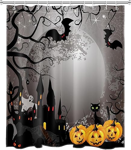 Miniatura 2 de EOBTAIN Cortina de ducha de calabaza espeluznante de Halloween, fantasma y gato murciélago con casa embrujada en noche oscura aterradora, cortina de