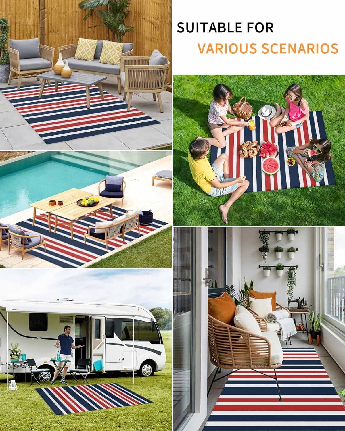 Outdoor Rug 4x6 ft Red Striped Outdoor Large Area Rug Non Slip Rubber Navy Blue Vertical Stripes Front Door Mat RV Rug Camping Carpet Patio Outdoor Rugs for Backyard Balcony Deck Porch Indoor Outside