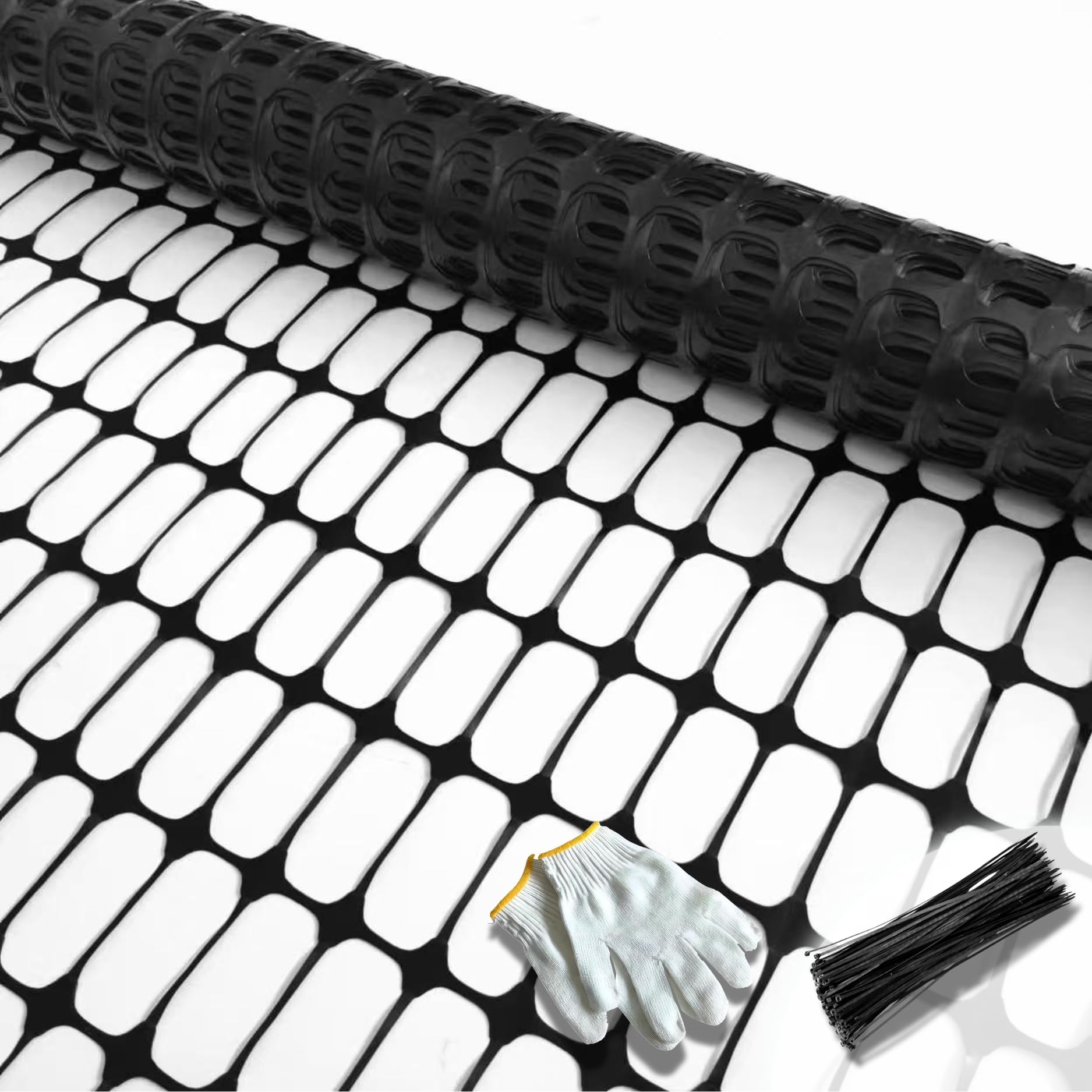 PotatoLife Plastic Mesh Fence, Extra Strength 40''x100' Roll with 50 Zip Ties, Resuable Temporary Netting for Garden Fencing, Snow Fencing, Animal Barrier, Poultry, Deer, Dog, Construction, Black