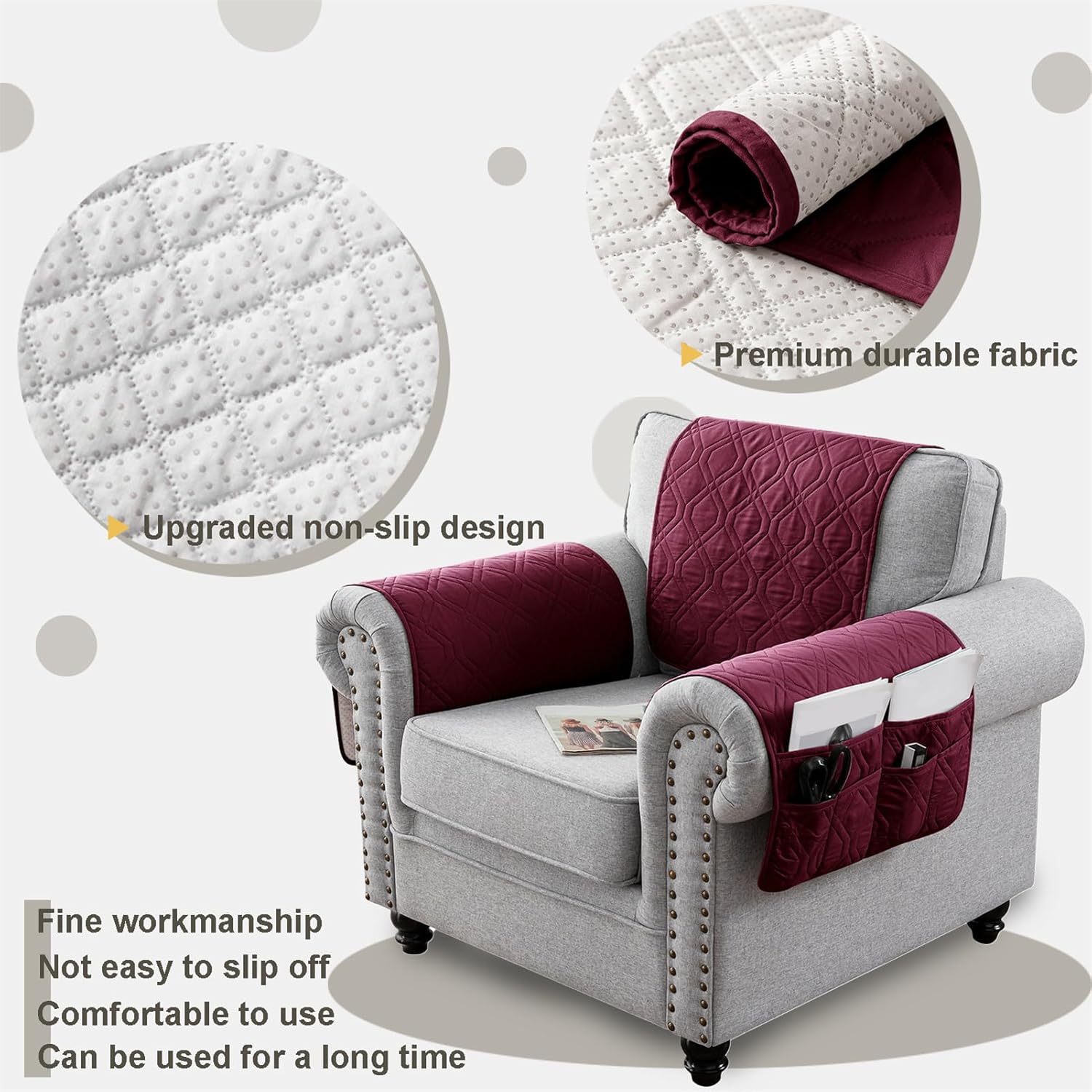 Waterproof Armrest Chair Covers with 6 Side Pocket 1 2 3 Seater Anti-Slip Chair Headrest Cover Armchair Slipcover Washable Protector for Pets Leather Sofa Couch (Wine Red,2 Seater 4PCS)