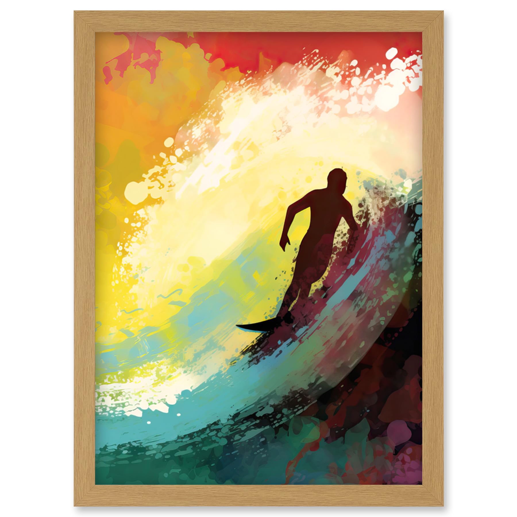 Artery8 The Silhouette of a Surfer Surfing on a Big Wave Artwork Framed Wall Art Print A4