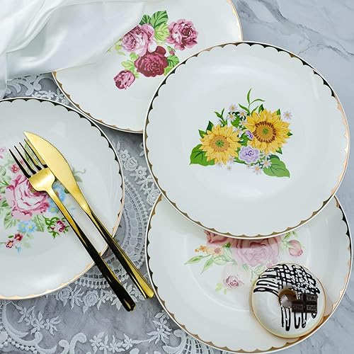 Miniatura 7 de Bicuzat Platos de ensalada de cerámica con patrón de flores vintage, platos de pasta, platos de frutas, platos de aperitivo, platos de postre,