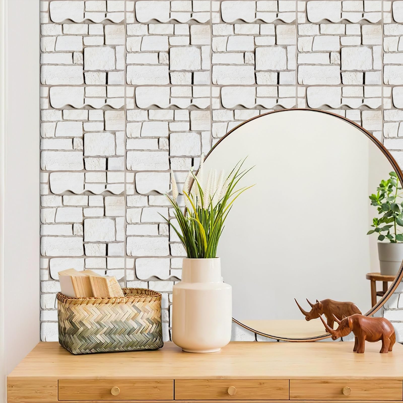 Stick on Tiles Simulated Beige Brick Tile Stickers for Bathroom Kitchen Backsplash Waterproof Tile Covers for Fireplace Surround Cabinet Furniture Stick on Kitchen Tiles 20x20 cm/10 pcs