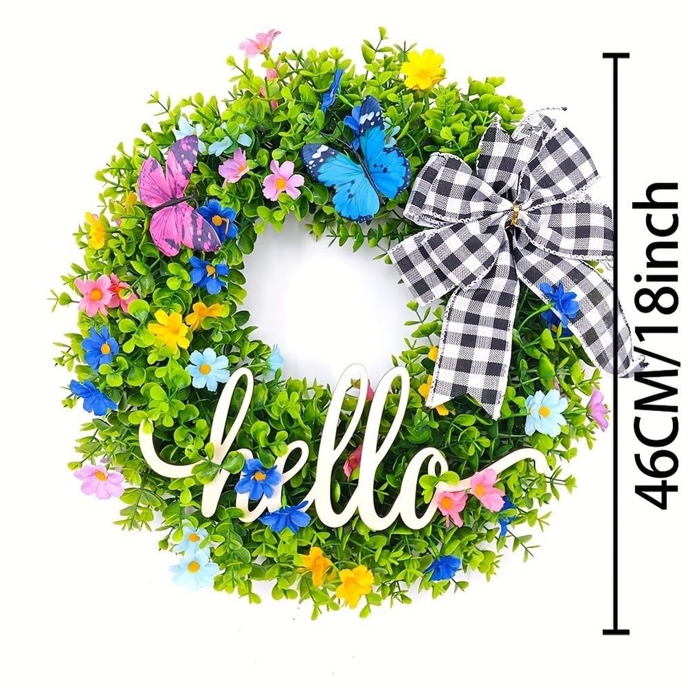 Ghirlanda di eucalipto con cartello di benvenuto, 46 cm, verde, artificiale, decorazione per porta d'ingresso, per casa, giardino, cortile, esterno, interno, da appendere alla parete