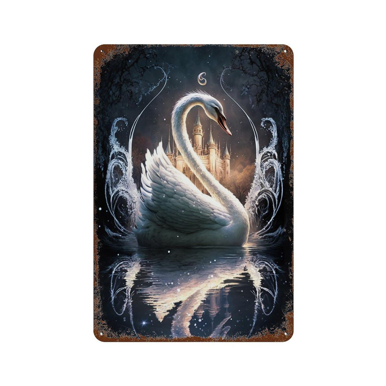 Enchanted Swan Castle Reflections Rust Effect Tin Sign 11.8"x7.9", Industrial Home Decor for Basement, Hobby Room And Garage Decor