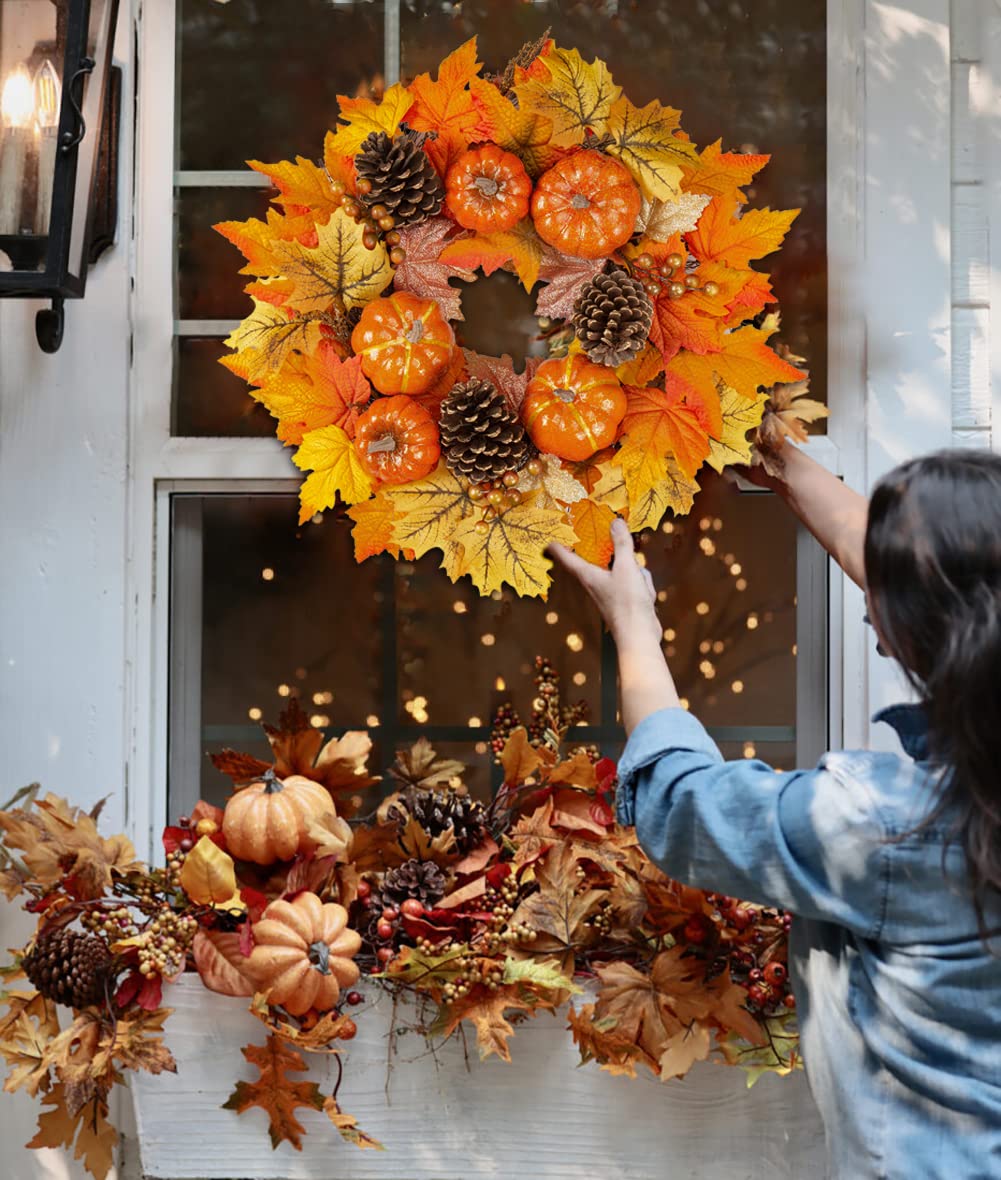 Fall Wreaths for Front Door, 20" Autumn Wreath with Hangers, Large Silk Maple Leaves Artificial Pumpkin Wreath for Home Wall Window Decor Indoor Outdoor, Halloween Thanksgiving Door Wreath