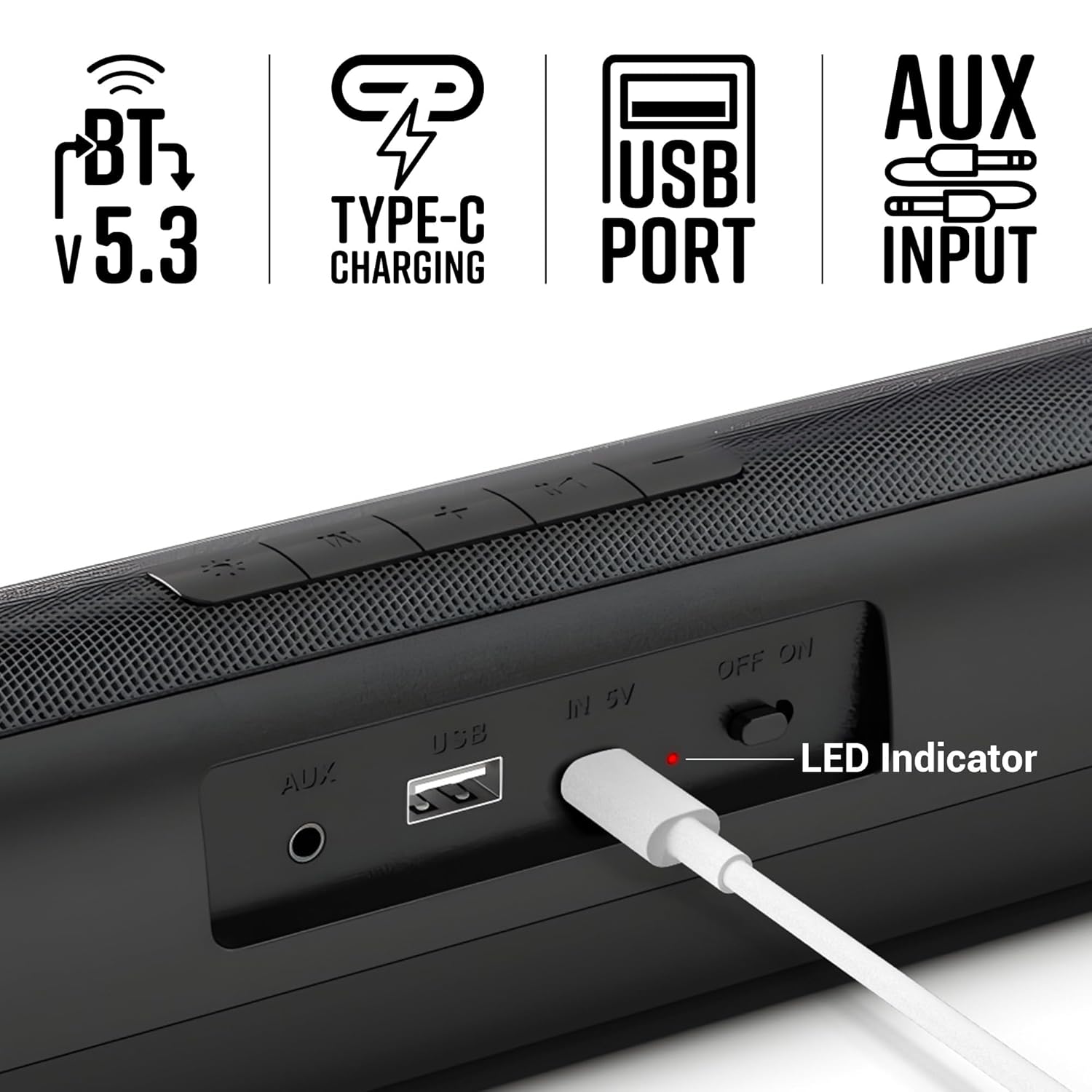 Soundbar with Bluetooth v5.3, USB, AUX, Type-C Charging, and LED Indicator