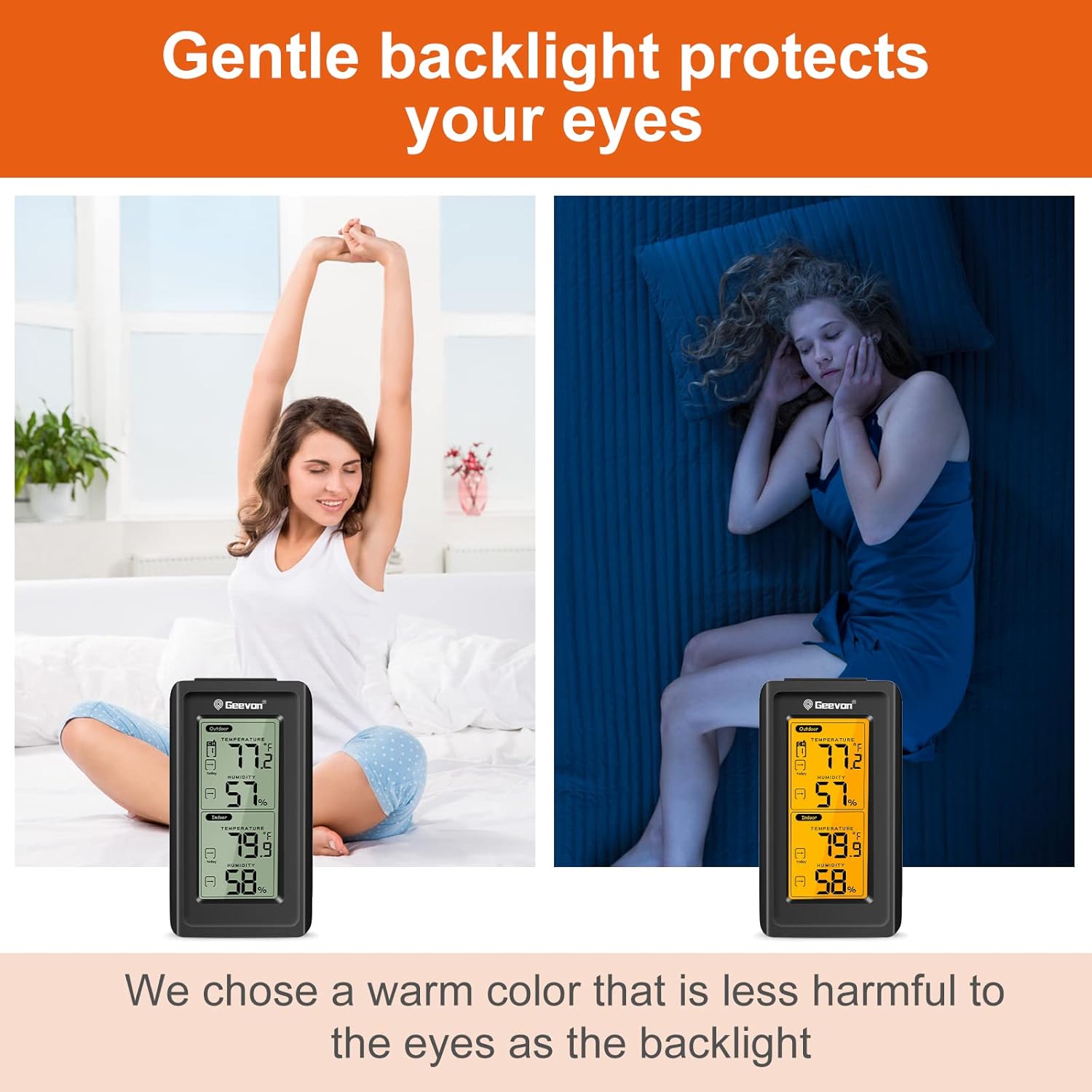 Thermometer display with gentle backlight in a bedroom setting