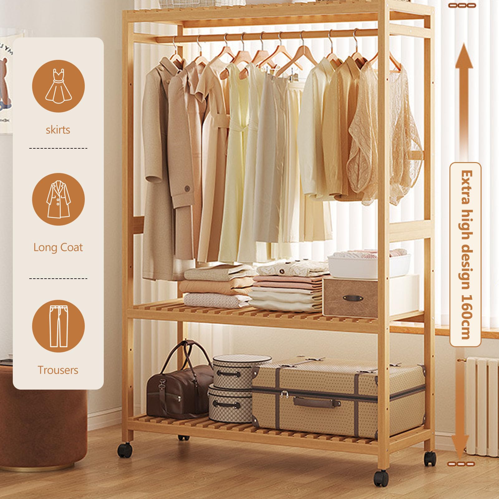 Stand Appendiabiti In Bambu con Piu Scaffali & 4 Ruote, Multifunzionale Appendiabiti, Portata Fino A 100 Kg, Salvaspazio Appendiabiti Da Terra per Camera Da Letto Soggiorno Corridoio