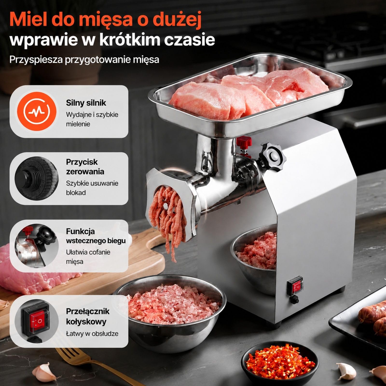Elektryczna maszynka do mięsa ze stali nierdzewnej na blat, 1100 W, z 2 ostrzami, 2 płytkami mielącymi i nadziewarką do kiełbas do kuchni i restauracji