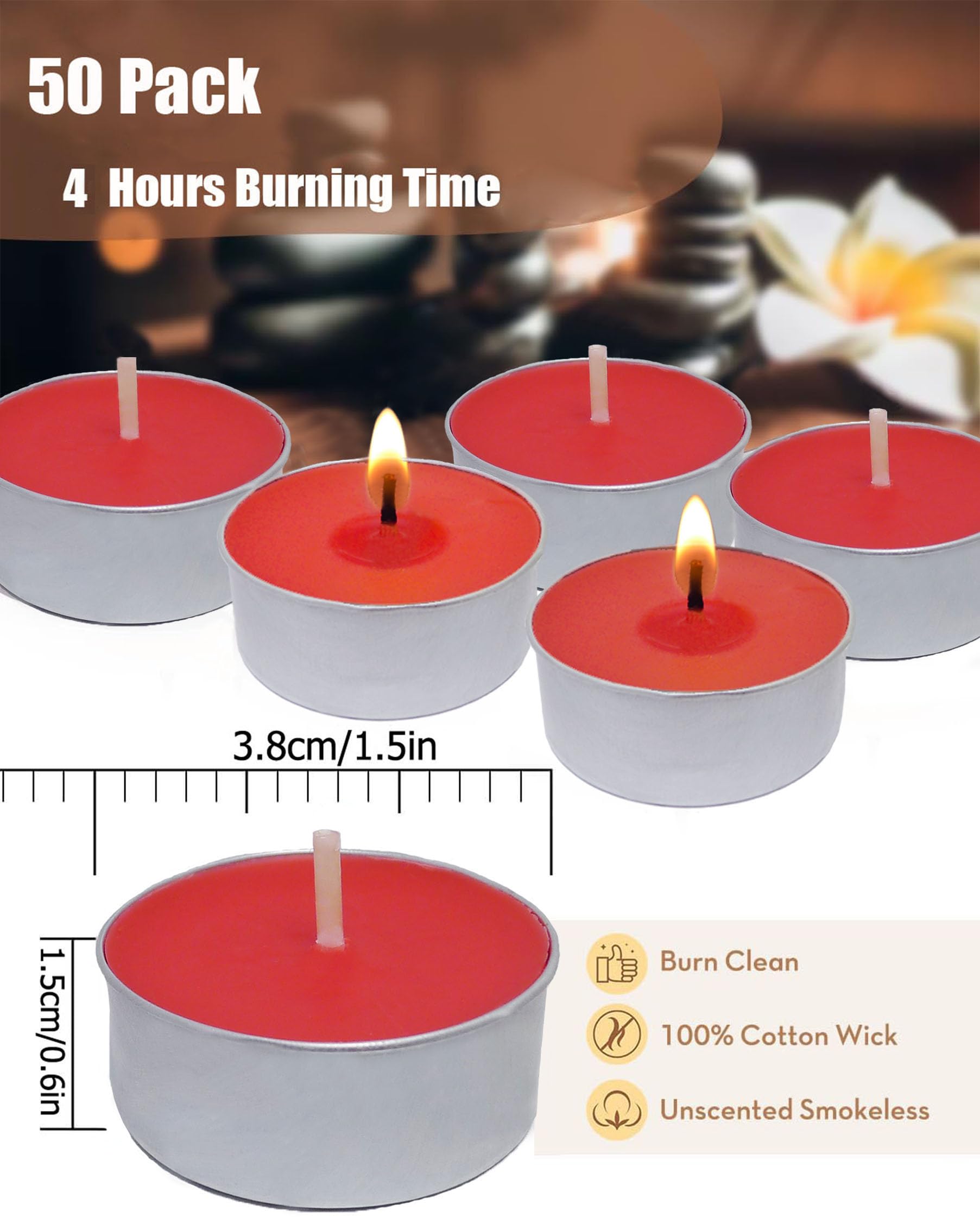 Artisoul® 50 Velas de Té Rojas, 4 Horas Ø 3.8 cm, Tea Lights Sin Aroma ni Humo para Decoración de Mesa, Navidad, Adviento, Bodas y San Valentín