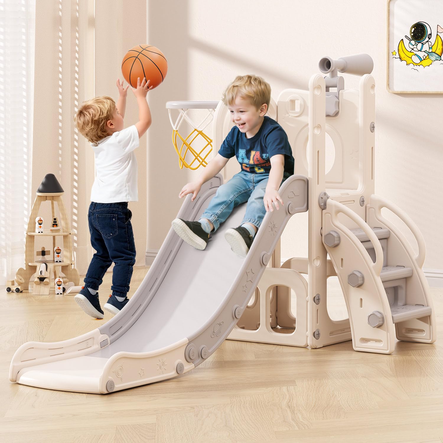 - Babytronic Toddler Slide, 6 in 1 Kids Indoor Slide for Toddlers 1-3, Baby Indoor and Outdoor Climber Playset, Kids Slide with Basketball Hoop and Telescope, Toddler Outdoor Playground(White&Gray)