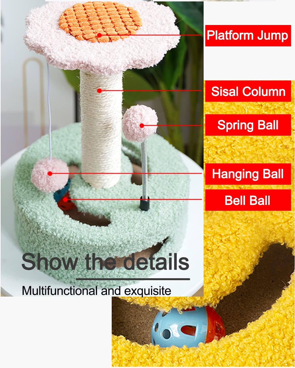 review Multifunctional Cute Cat Scratching Post with Natural Sisal cat Tree Cute Flower, Flower cat Tree for Indoor Cats,cat Tree Flower Pink with Hanging Ball, Spring Ball, Ring Bell Ball,Yellow