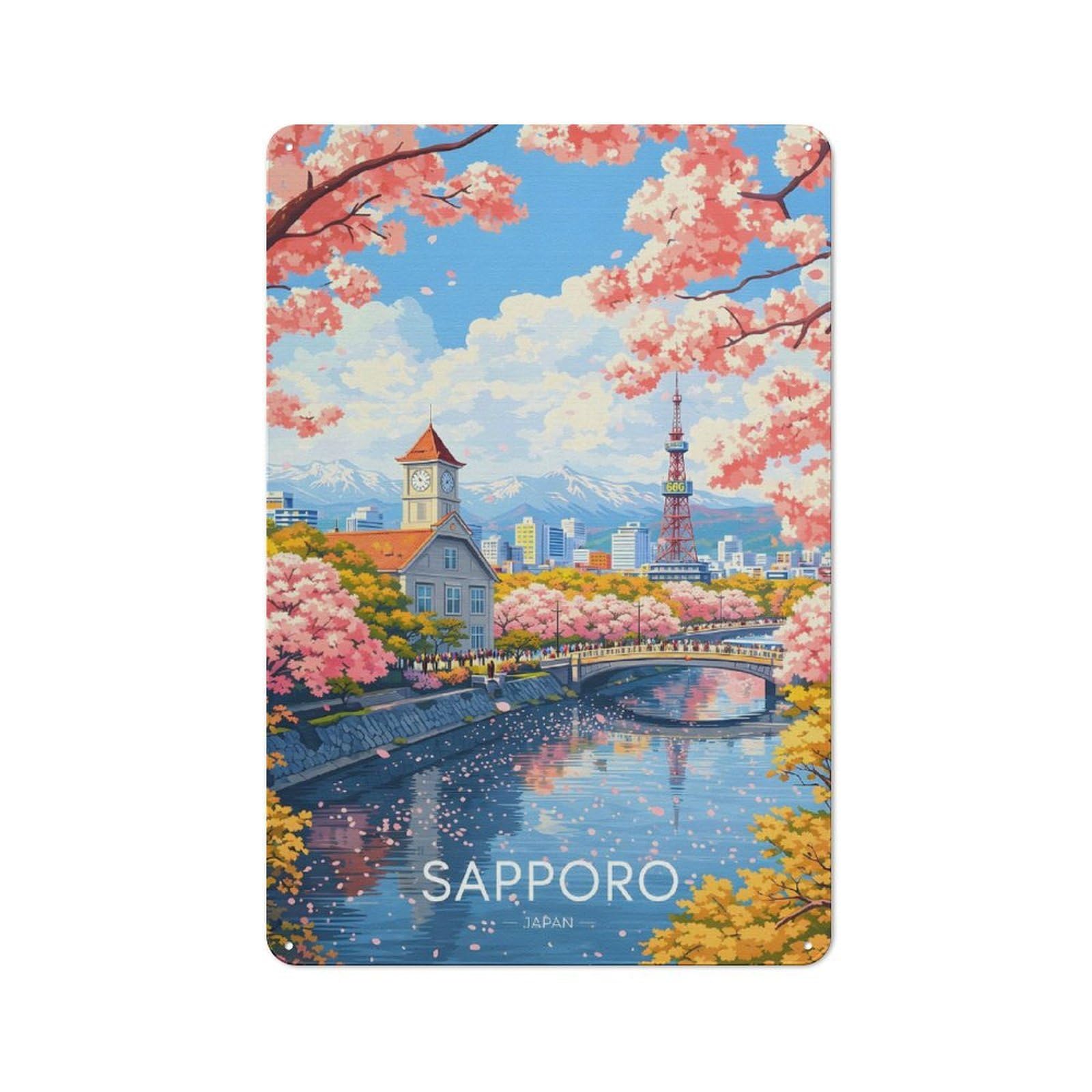 Junmoney Style-1 Metal Sign 30X20cm With Sapporo Cityscape With Cherry Blossoms For Hallway Wall, Retro Decor, Gift For Hallway Decor Lovers During The Christmas Season