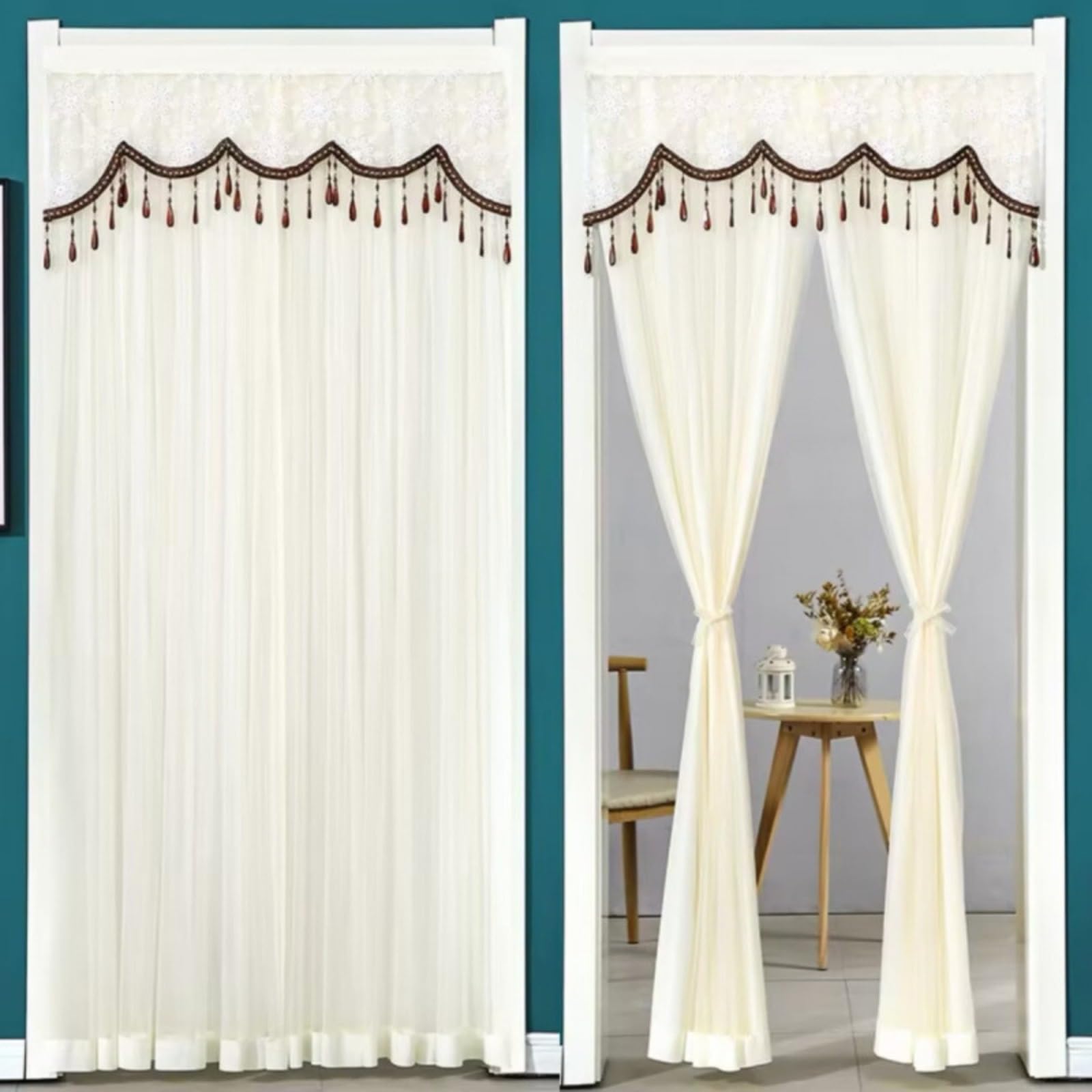 Luxueux rideaux en dentelle blanche vintage style rétro chic