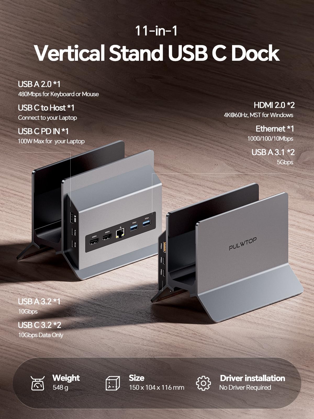 11-in-1 USB C Docking Station Doppio Monitor, Supporto Verticale per Laptop con 2xHDMI 4K 60Hz, 3xUSB A/C 10 Gbps, 2xUSB A 5 Gbps, USB A 2.0, Ethernet, PD3.0【Solo per laptop Windows】