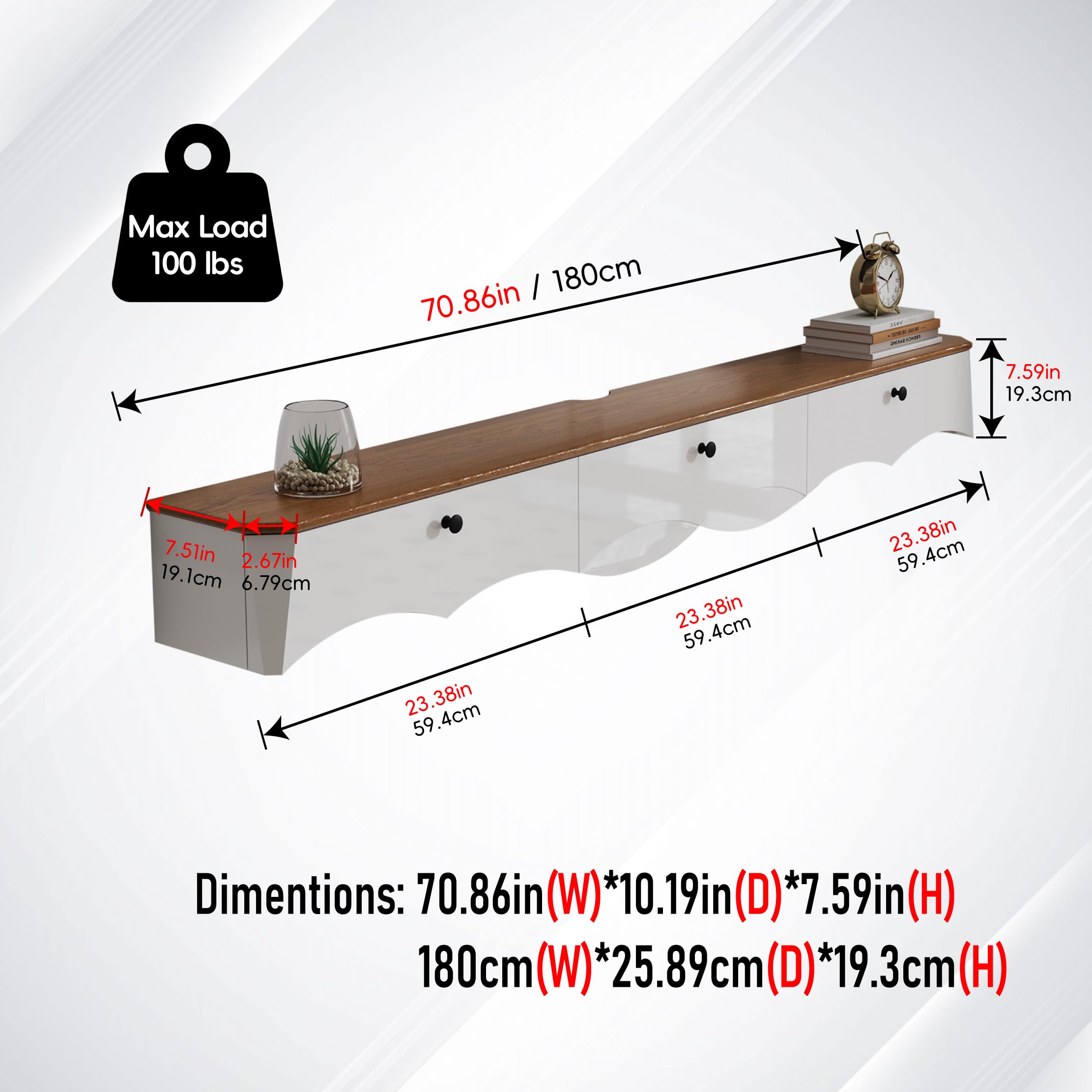 Soporte de TV flotante de alto grosor con 3 cajones, estante de TV montado en la pared de 70 pulgadas, consola de TV flotante, armarios de TV flotantes con cajones, estante debajo de la TV 5