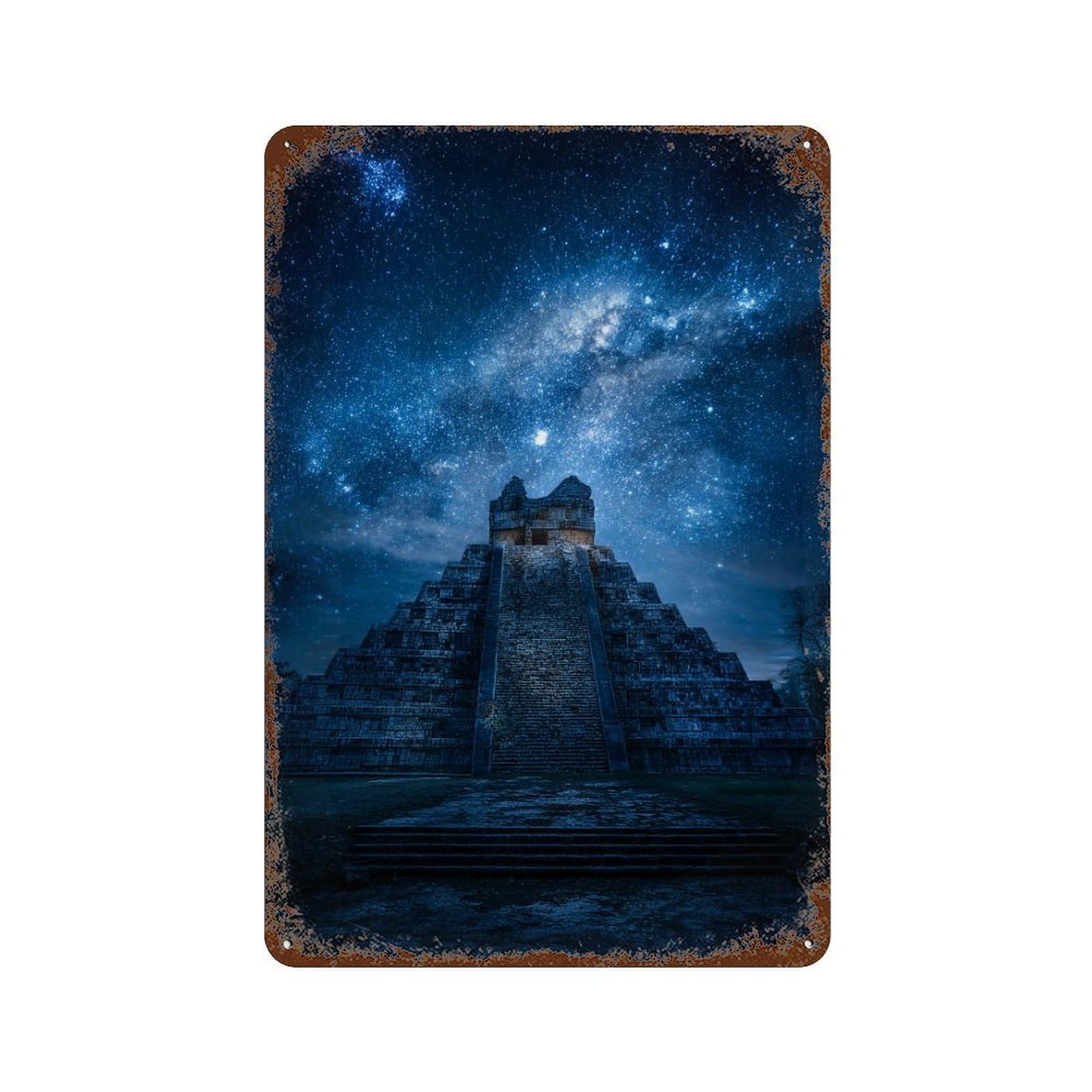 Vintage Rust Metal Sign with Mayan Pyramid Under Stars Design 11.8"x7.9", for Garage, Bar And Workshop Decor, Retro Wall Decor