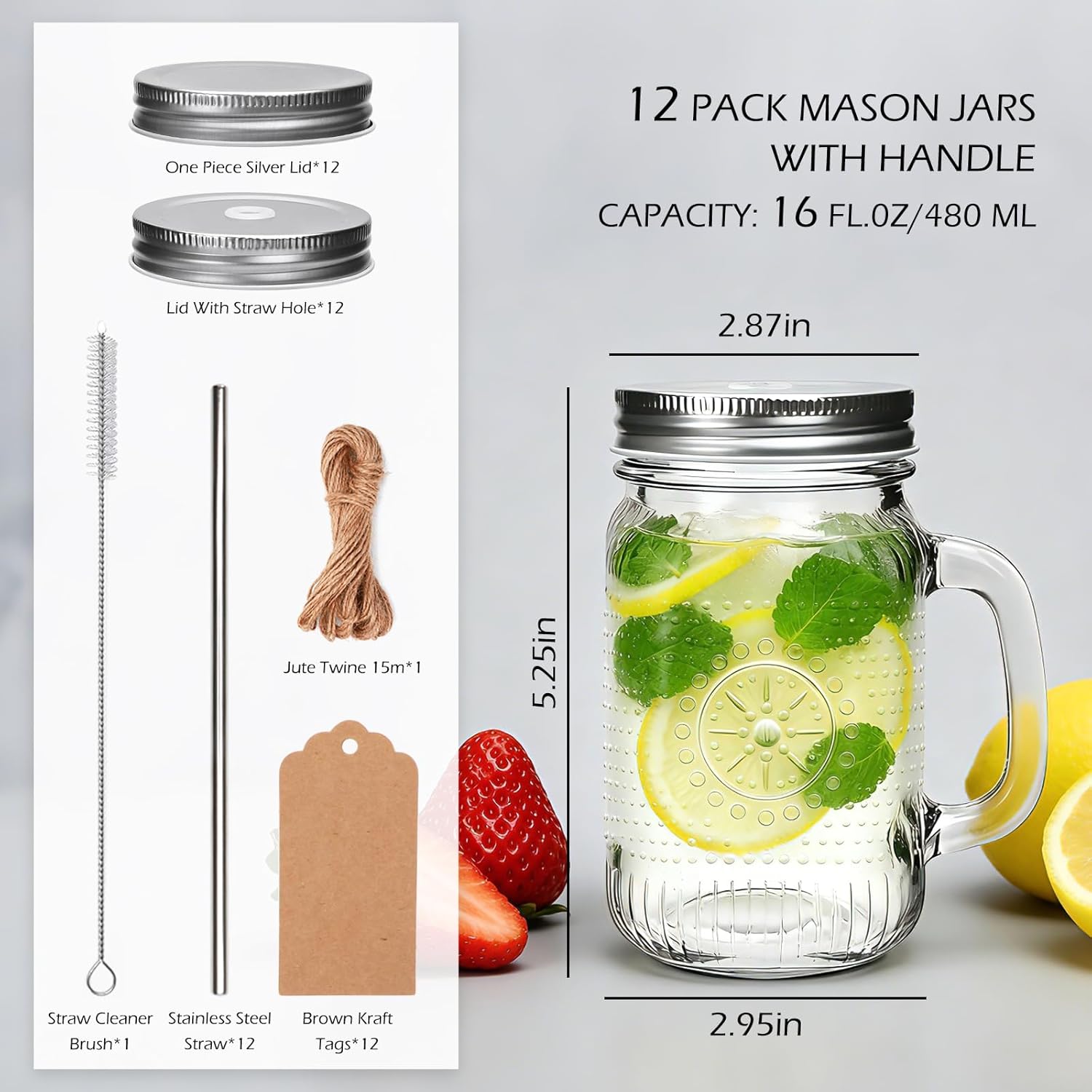 Encheng Mason Jar Cups with Handle 16 oz, Vintage Glass Cups with Lids and Straws, Reusable Pint Drinking Jars for Iced Coffee, Smoothies, Juice, Food Storage,12 Pack