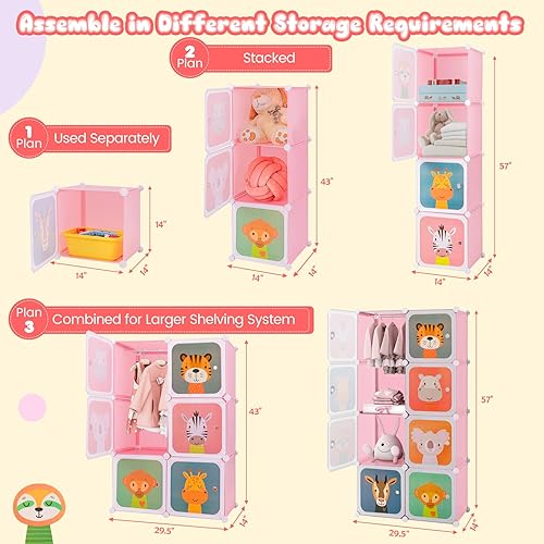 Miniatura 3 de Costzon Armario para niños, organizador modular de almacenamiento de tocador de dibujos animados con 8 cubos y estante para colgar ropa, armario
