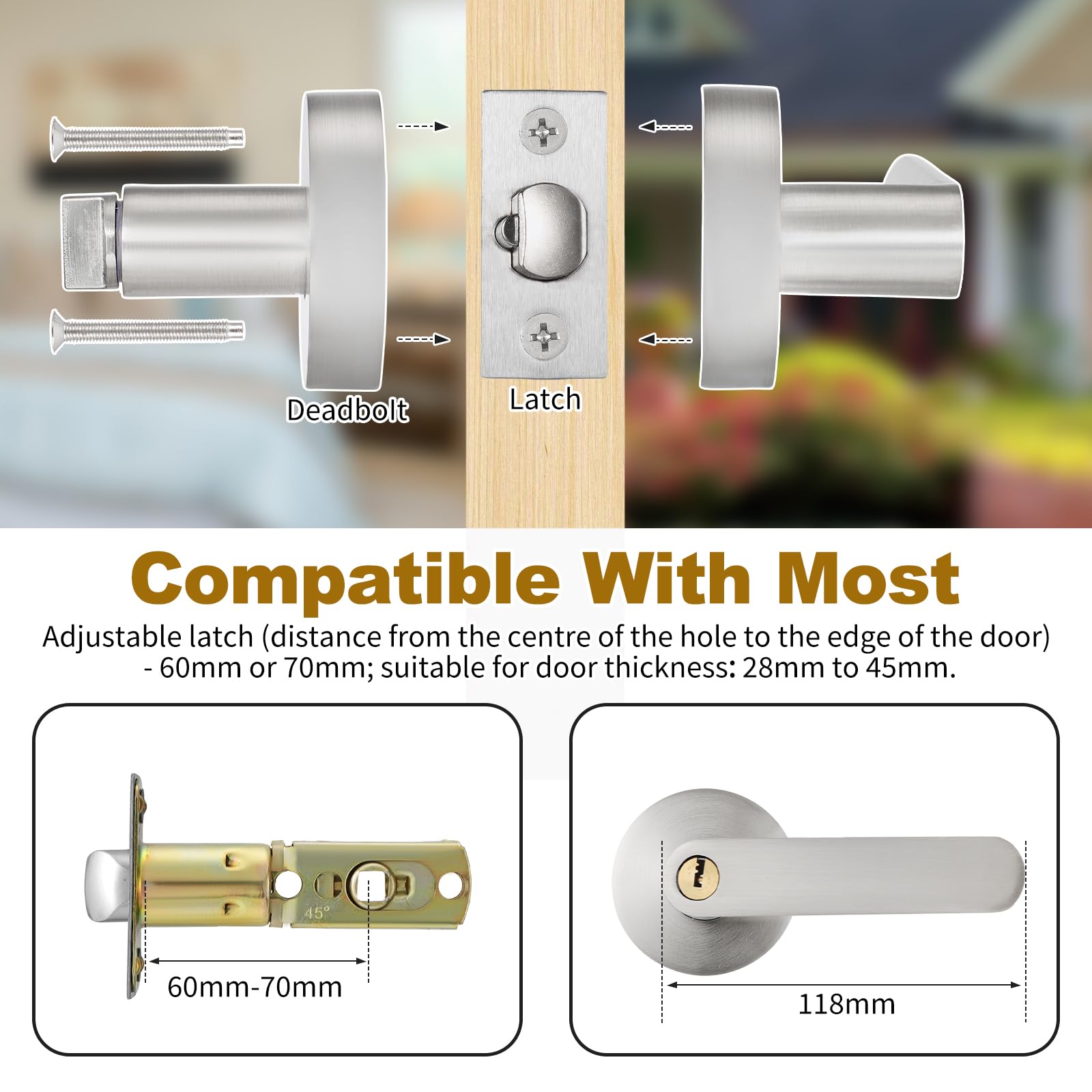 Manija con Cerradura de Llave, Manija de Puerta con Cerradura y Llave, Juego de Manillas de Entrada, Manija para Puertas de Paso, Cerradura de Palanca de Puerta para Dormitorio, Baño (Plata)