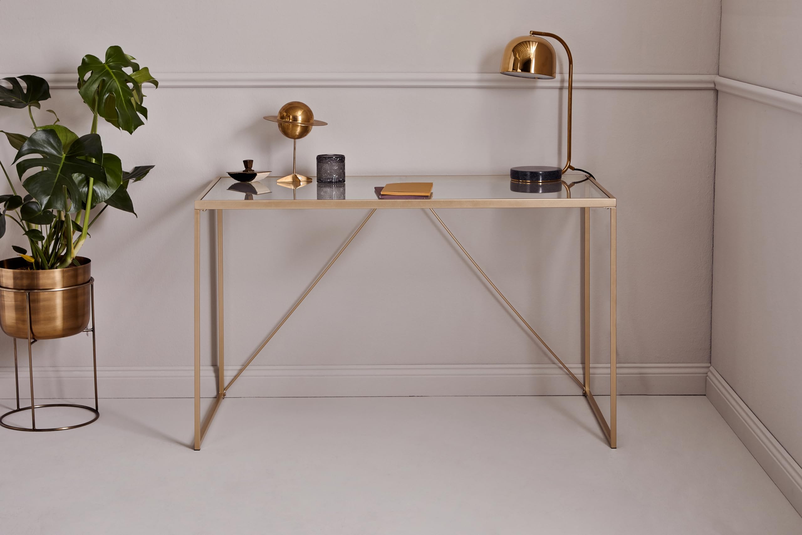 Jahnke Glam Desk - Escritorio de Cristal Templado, Cristal Transparente, Aspecto Dorado, Talla única