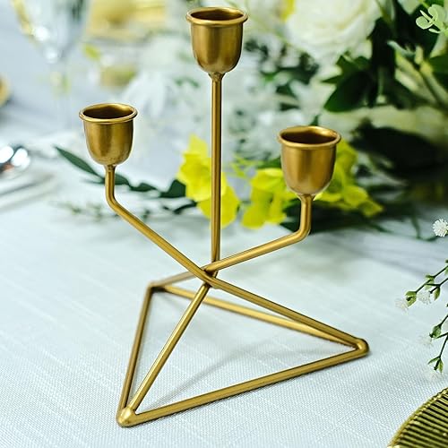 Miniatura 4 de Efavormart - Juego de 2 candelabros geométricos de metal dorado de 3 brazos con base triangular para fiestas de cumpleaños, eventos, 7 pulgadas