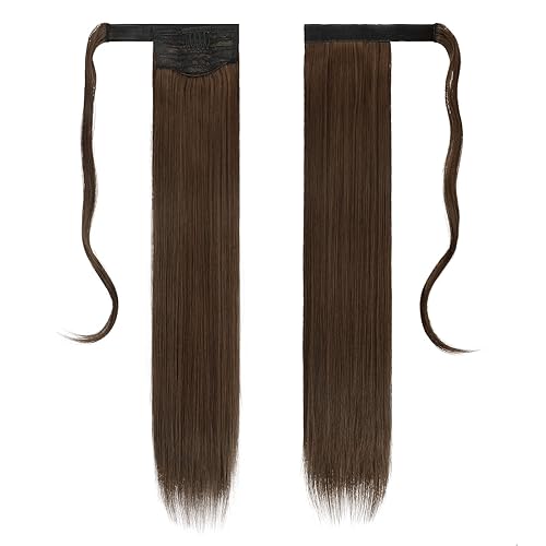 Miniatura 8 de FESHFEN Extensiones de cola de caballo largas y rectas con clip envolvente, extensiones de cola de caballo sintéticas para mujeres y niñas, 24