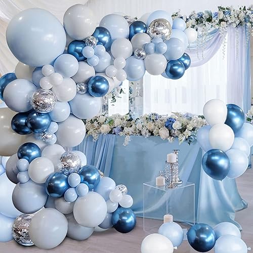 Miniatura 4 de Kit de arco de guirnalda de globos azules, globos de látex de confeti azul metálico blanco y plateado para cumpleaños, baby shower, boda