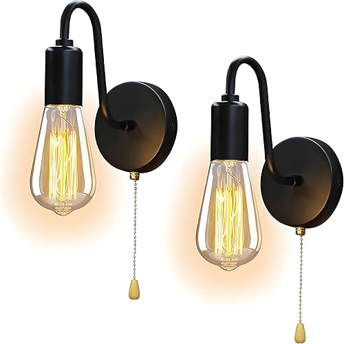 Juego de 2 lámparas de pared con cadena de tracción vintage JZCDR, apliques de pared cableados con interruptor de encendidoapagado, lámparas de