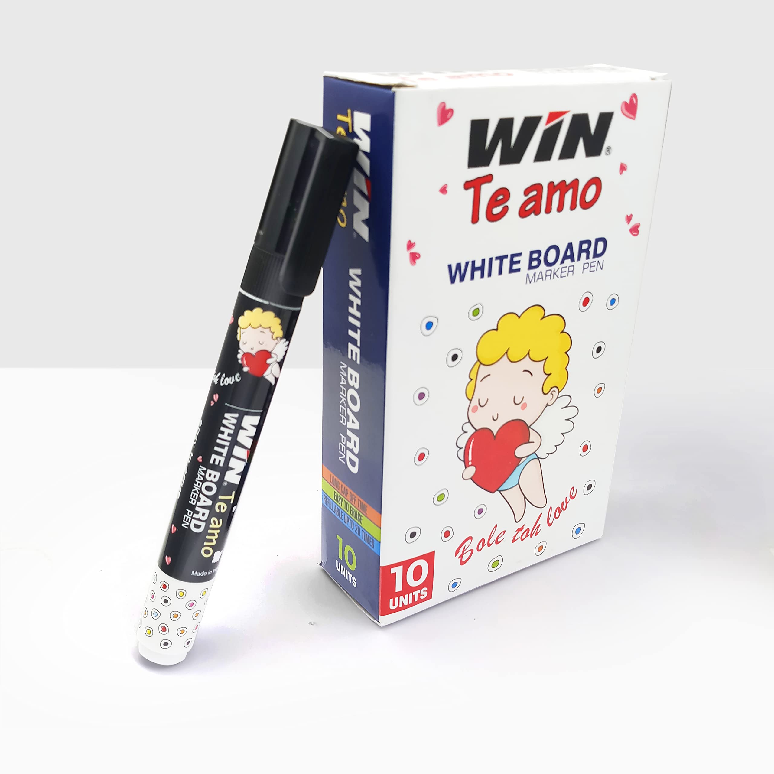 WIN Te Amo White Board Marker | Pack of 10, Black Ink Markers | Highlighter Pen | Bullet Tip for Bold Writing | Erasable Ink & Refillable Marker Pen | School & Office Use | Stationery Items-image-29