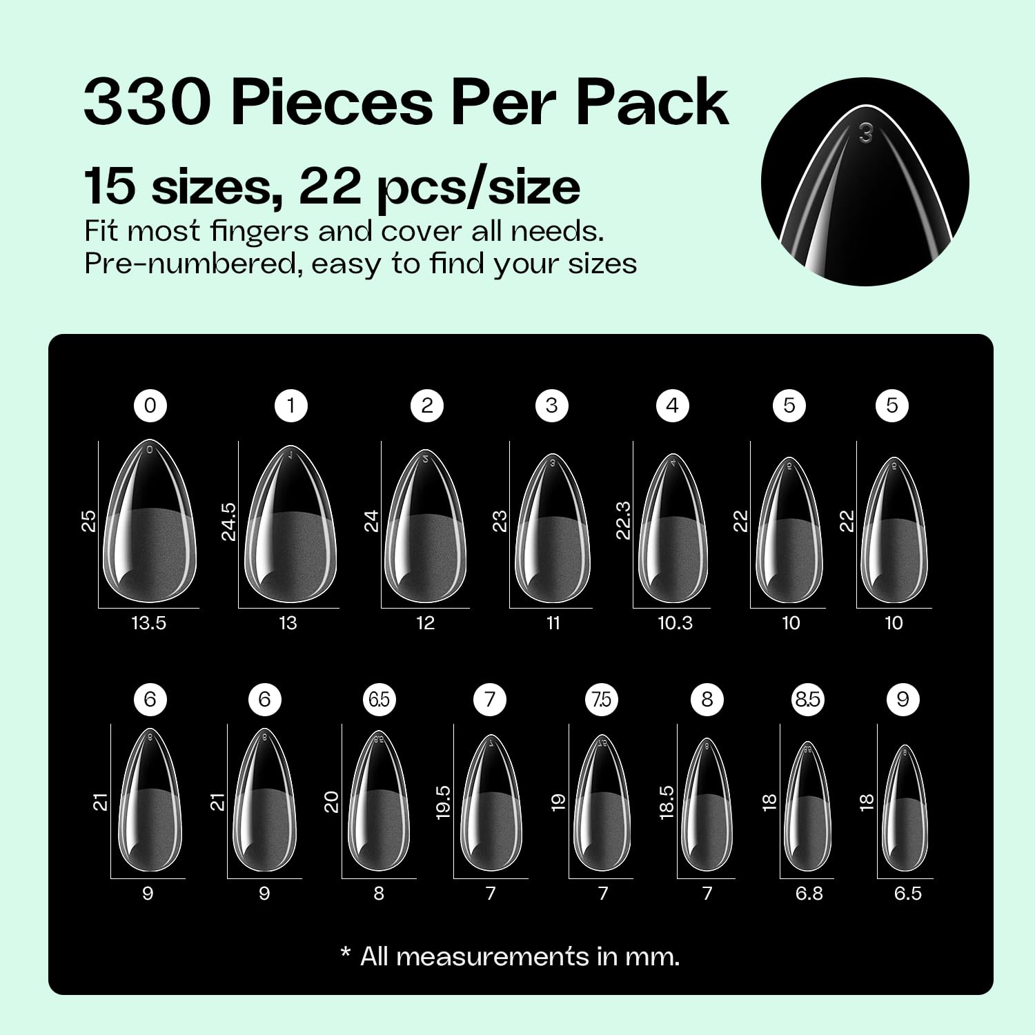 330 unghie finte a mandorla media, 15 misure, in acrilico, pre-limate, extra lunghe, per donne, manicure fai da te, qualità da salone, non necessita di limatura