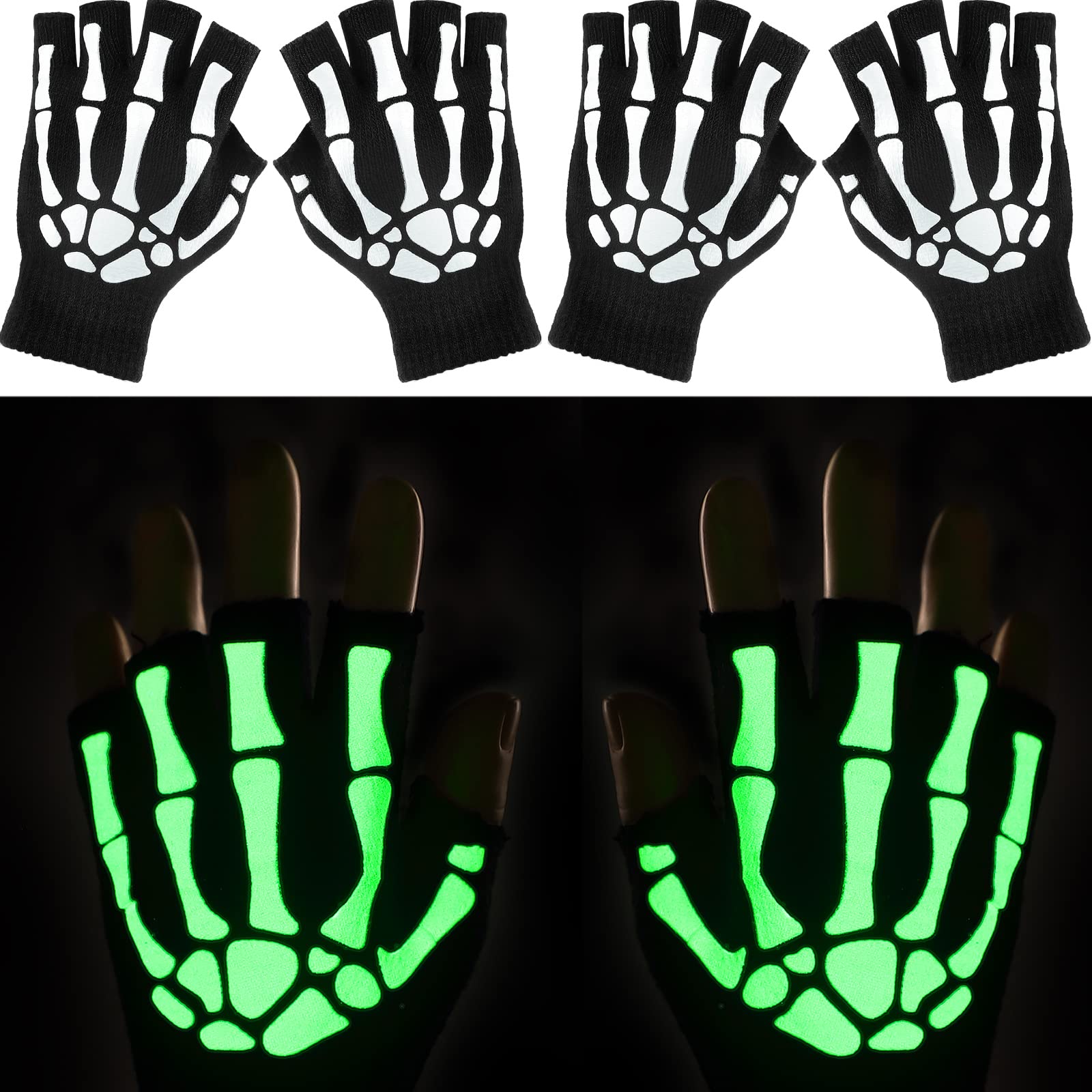 Boyiee 3 works Skeleton Gloves Fingerless Bone Gloves Glow in the Dark Knitted Mechanic Luminous Winter Warm Gloves for Adult Halloween Costume(Adult) - Image 3