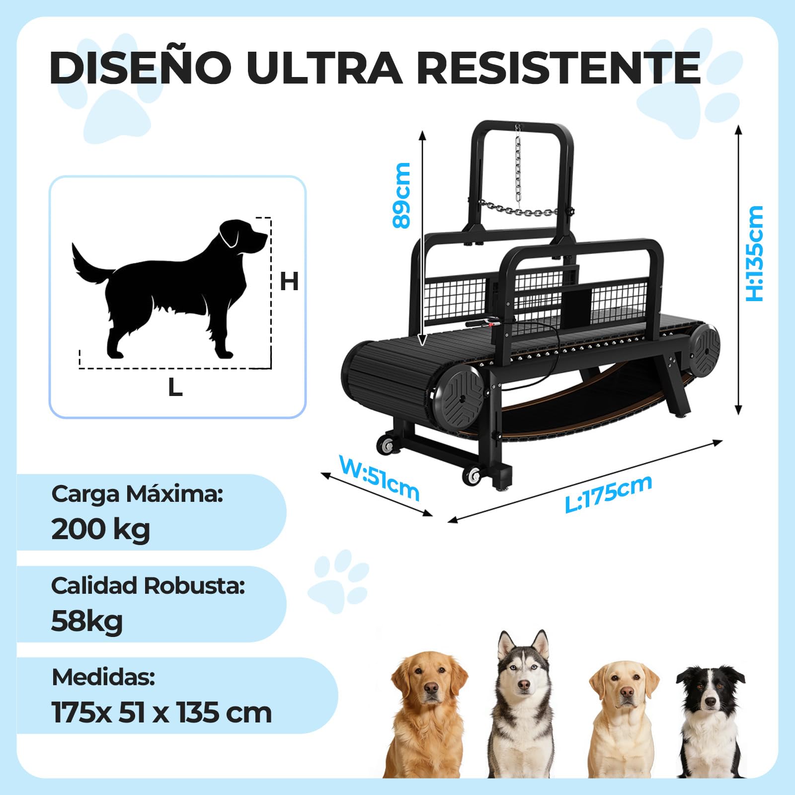 RiveraSink Cinta de Correr para Perros Slatmill Autopropulsada, Caminadora para Perros Medianos y Grandes, con Freno Manual, Capacidad 200 kg, Banda de Carrera 170×50 cm, Silenciosa para Interior