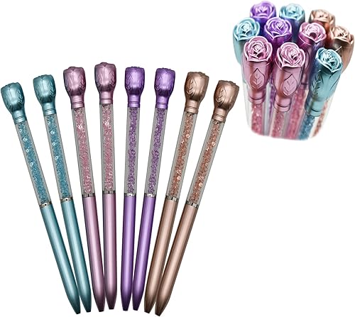 Maydahui 24 bolígrafos retráctiles con forma de rosa, bolígrafos retráctiles con gemas de arena movediza de cristal, tinta negra, para escuela,