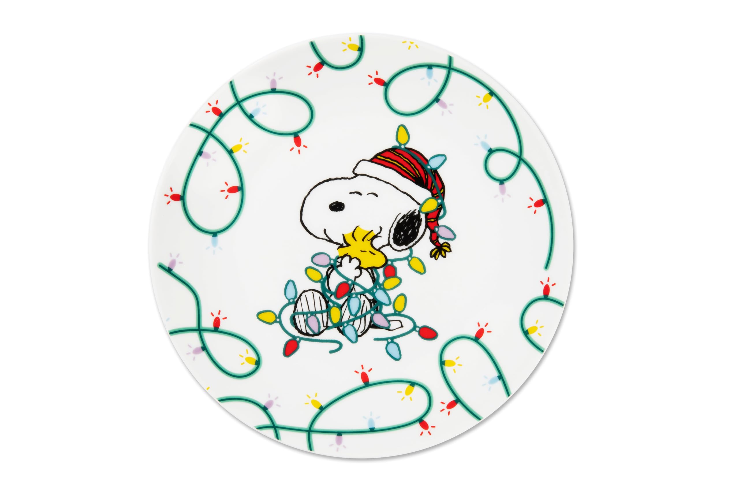 Excelsa Peanuts Shiny & Bright Lot de 6 assiettes à dessert, porcelaine, vert et blanc, 20,5 cm, set de Noël avec Snoopy, pour gâteaux et petit-déjeuner